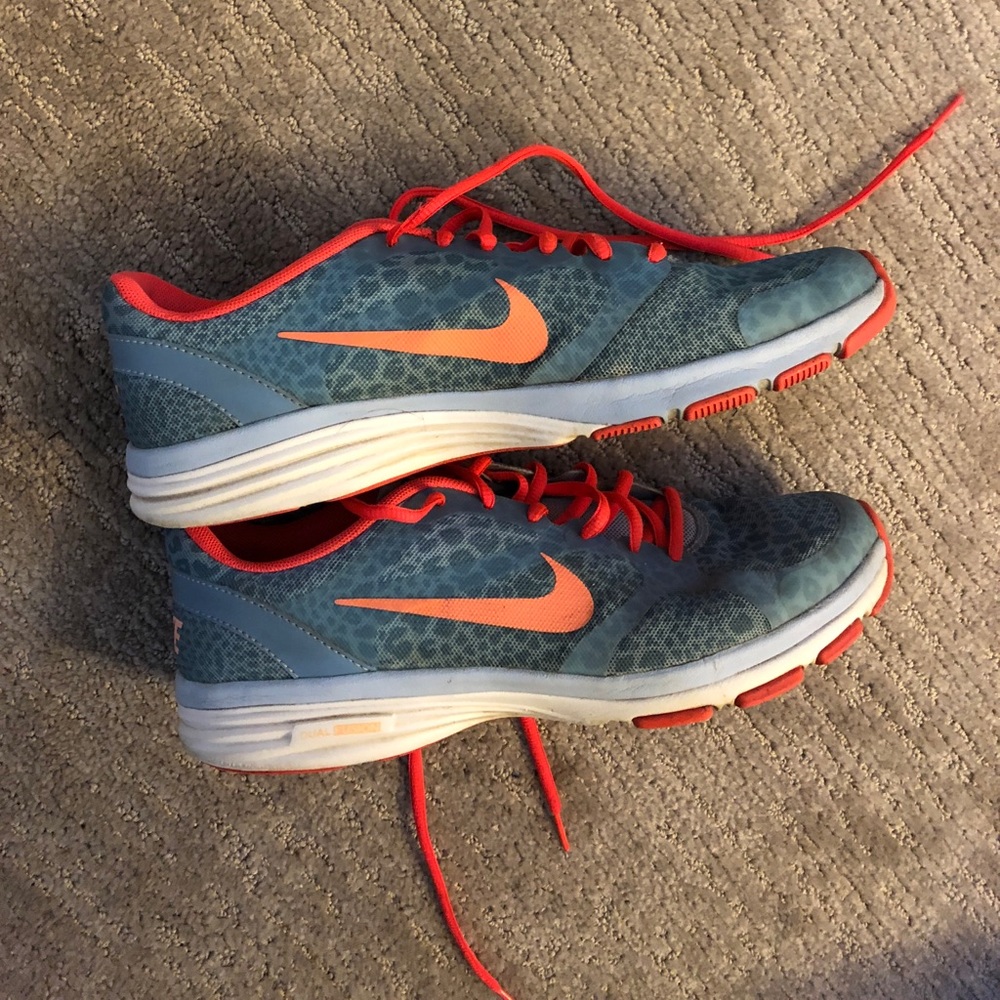 Blue and coral cheetah print Nikes